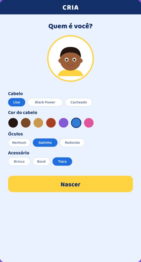 Montando o avatar: cabelo, cor do cabelo, óculos e acessório